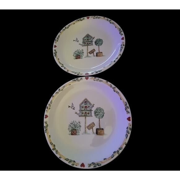 Thomson Pottery Birdhouse Dinner Plates Birds House Red Hearts Blue Jay set of 2 - Picture 5 of 9